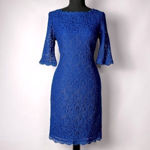 3/4 Sleeve Boat Neck Embroidered Stretch Floral Lace Sheath Dress AdriannaPapell